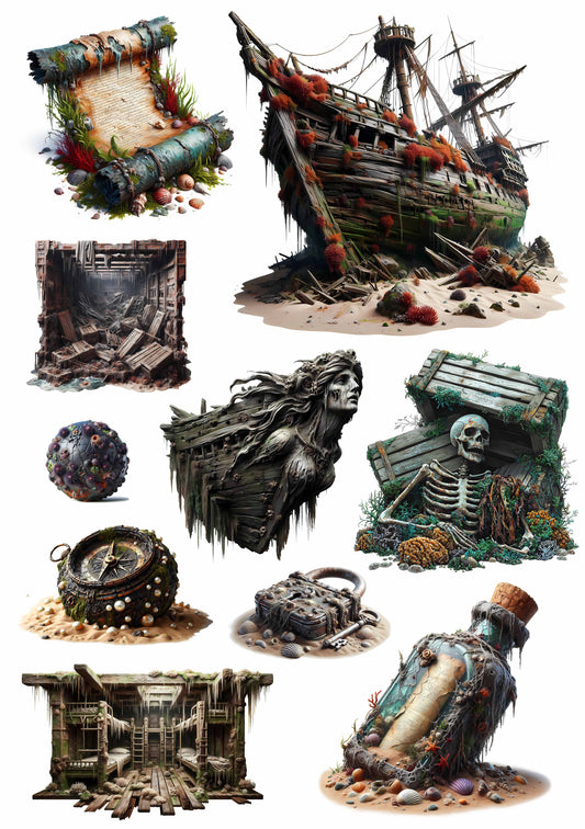 #02614 Sunken Pirate Ship Embossed Sticker