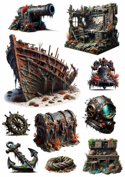 #02614 Sunken Pirate Ship Embossed Sticker