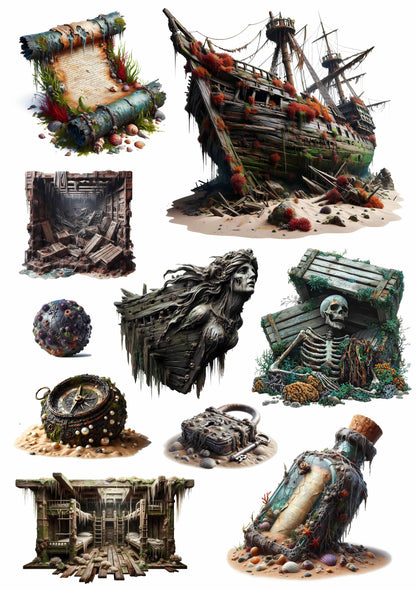 #02614 Sunken Pirate Ship Embossed Sticker