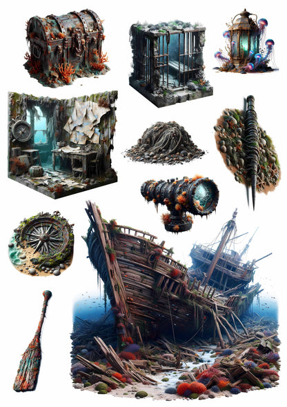 #02614 Sunken Pirate Ship Embossed Sticker